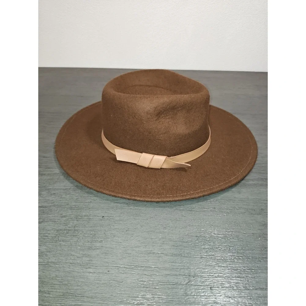 Brown 100% Wool Rancher Fedora Hat Wide Brim Western Boho 22 Inch
